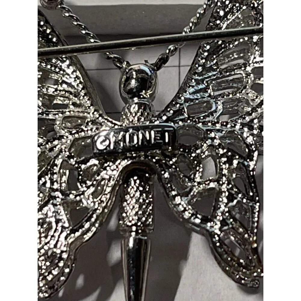 MONET Butterfly Brooch Filigree Vintage 1980s Silver Tone Metal Pin